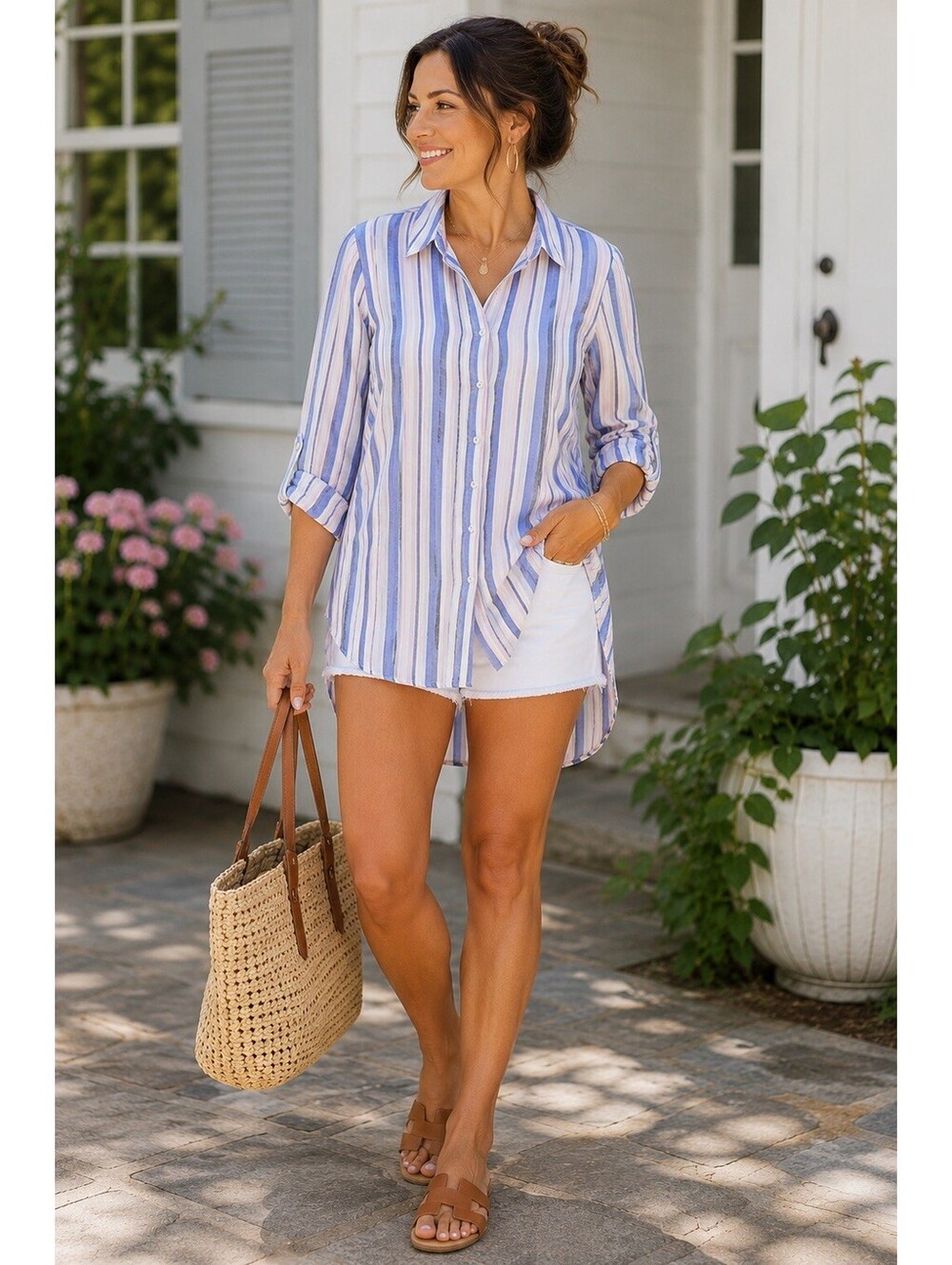 Artisan NY 100% Linen Tunic Button Up Shirt Womens 1X Striped Roll Tab Sleeves